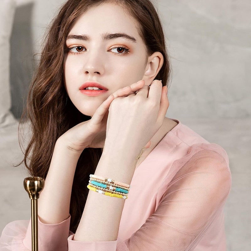 GOOJIDS Surfer Heishi Clay Bead Bracelets for Women Bohemian Stackable Gold Plated Beaded Stretch Bracelets Elastic Layering Friendship Bracelets Set Boho Jewelry - Image 4